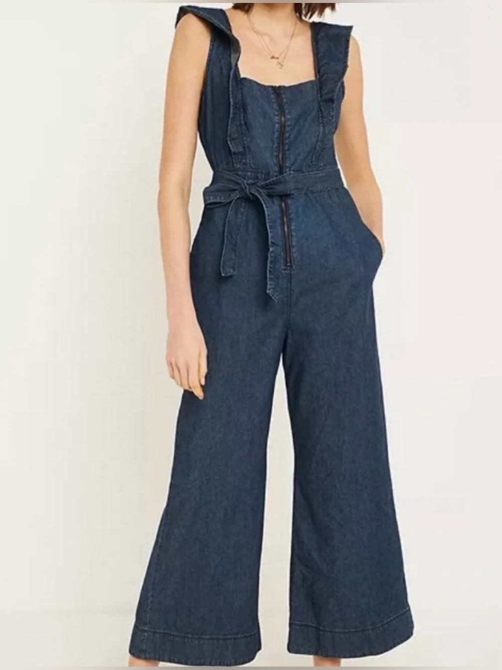 Free People Denim Jumpsuit size 0 Wide Leg Feminine Summer Cottagecore Coastal